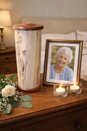 CREMATION URN - SPALTED BIRCH / WALNUT BASE AND LID Paw Paw’s Woodshop of Mississippi