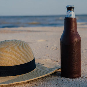 Campaign Leather Bottle Koozie by Mission Mercantile Leather Goods, custom drinkware detail photo 2