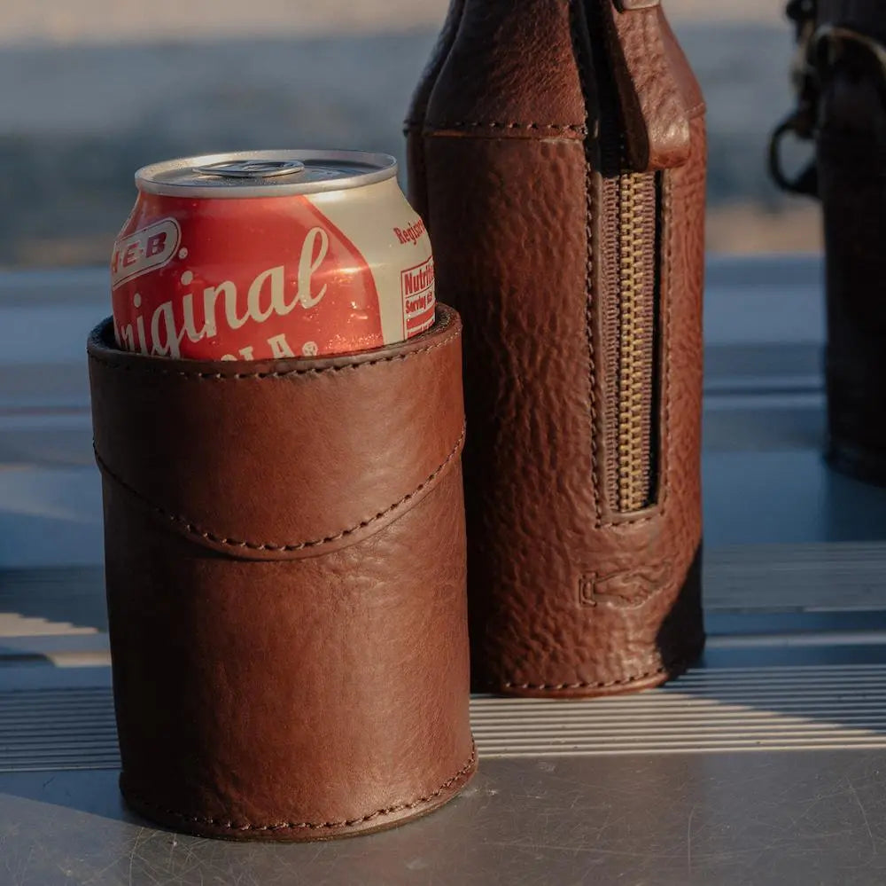 Campaign Leather Can Koozie by Mission Mercantile Leather Goods, custom drinkware main product photo