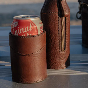 Campaign Leather Can Koozie by Mission Mercantile Leather Goods, custom drinkware main product photo