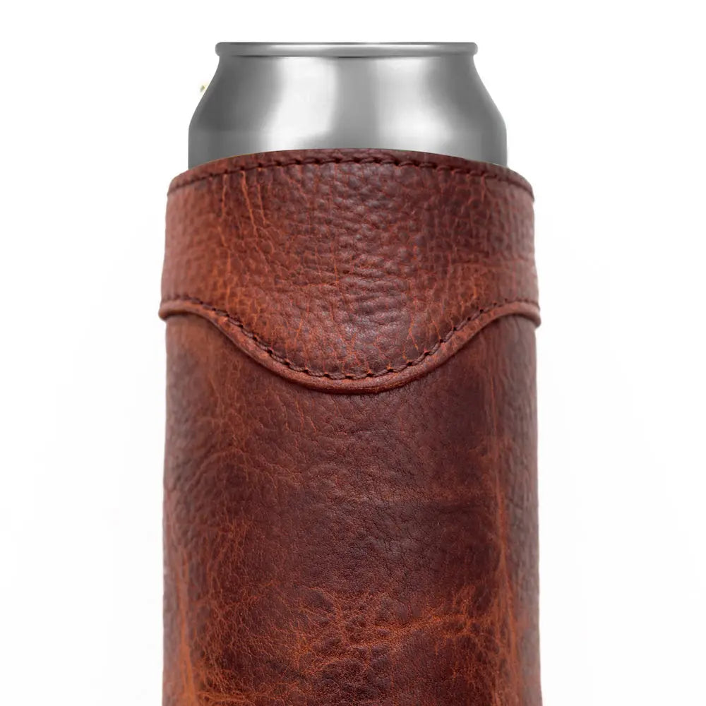 Campaign Leather Slim Can Koozie by Mission Mercantile Leather Goods, custom drinkware detail photo 6