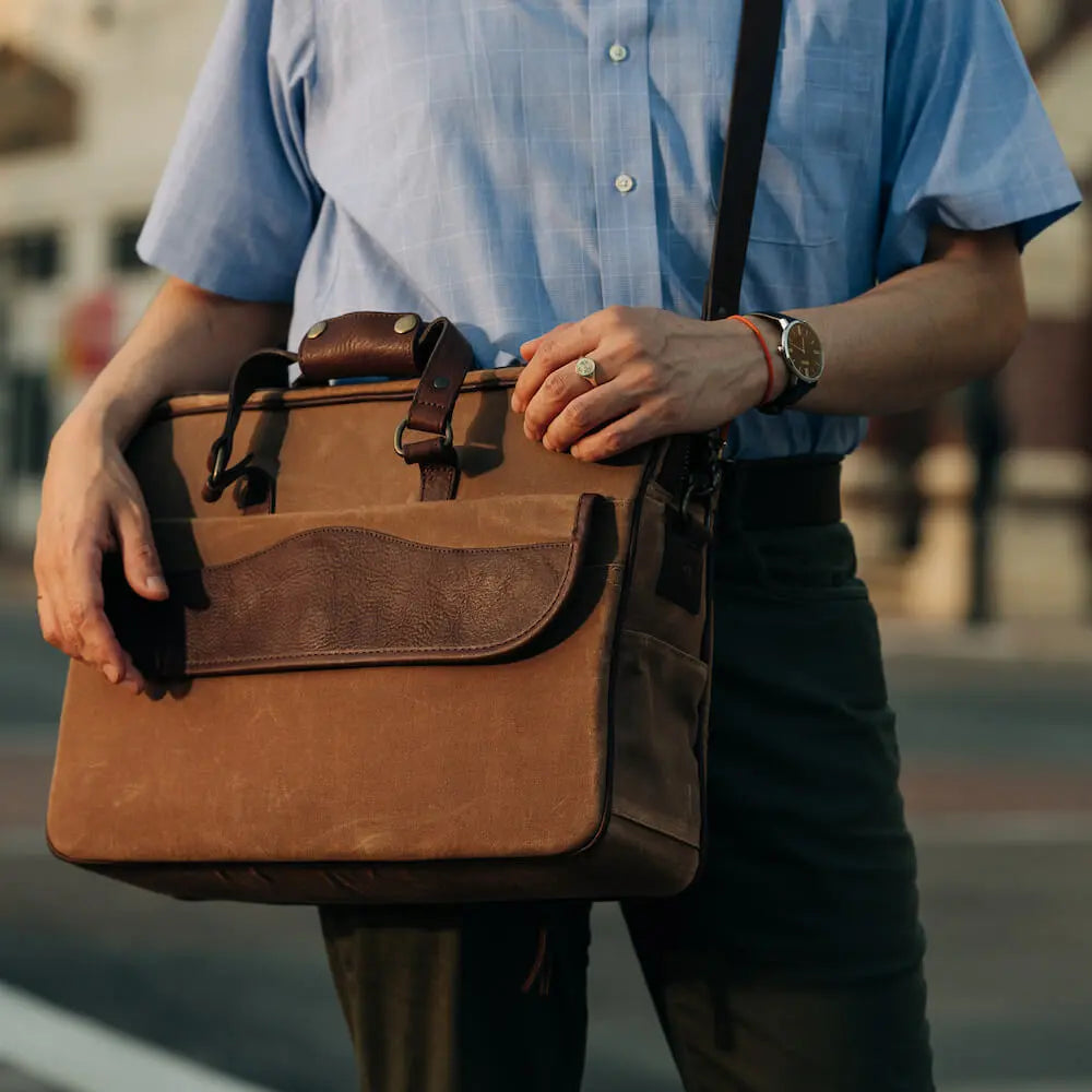 Campaign Waxed Canvas Briefcase by Mission Mercantile Leather Goods, handmade leather goods main product photo