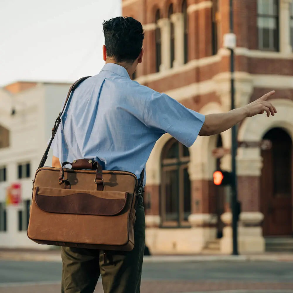 Campaign Waxed Canvas Briefcase by Mission Mercantile Leather Goods, handmade leather goods detail photo 2
