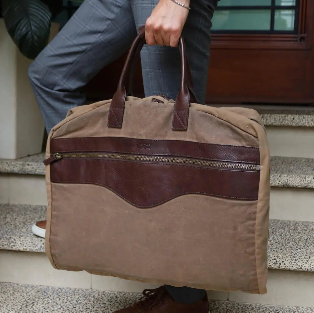 Campaign Waxed Canvas Garment Bag by Mission Mercantile Leather Goods, handmade leather goods main product photo