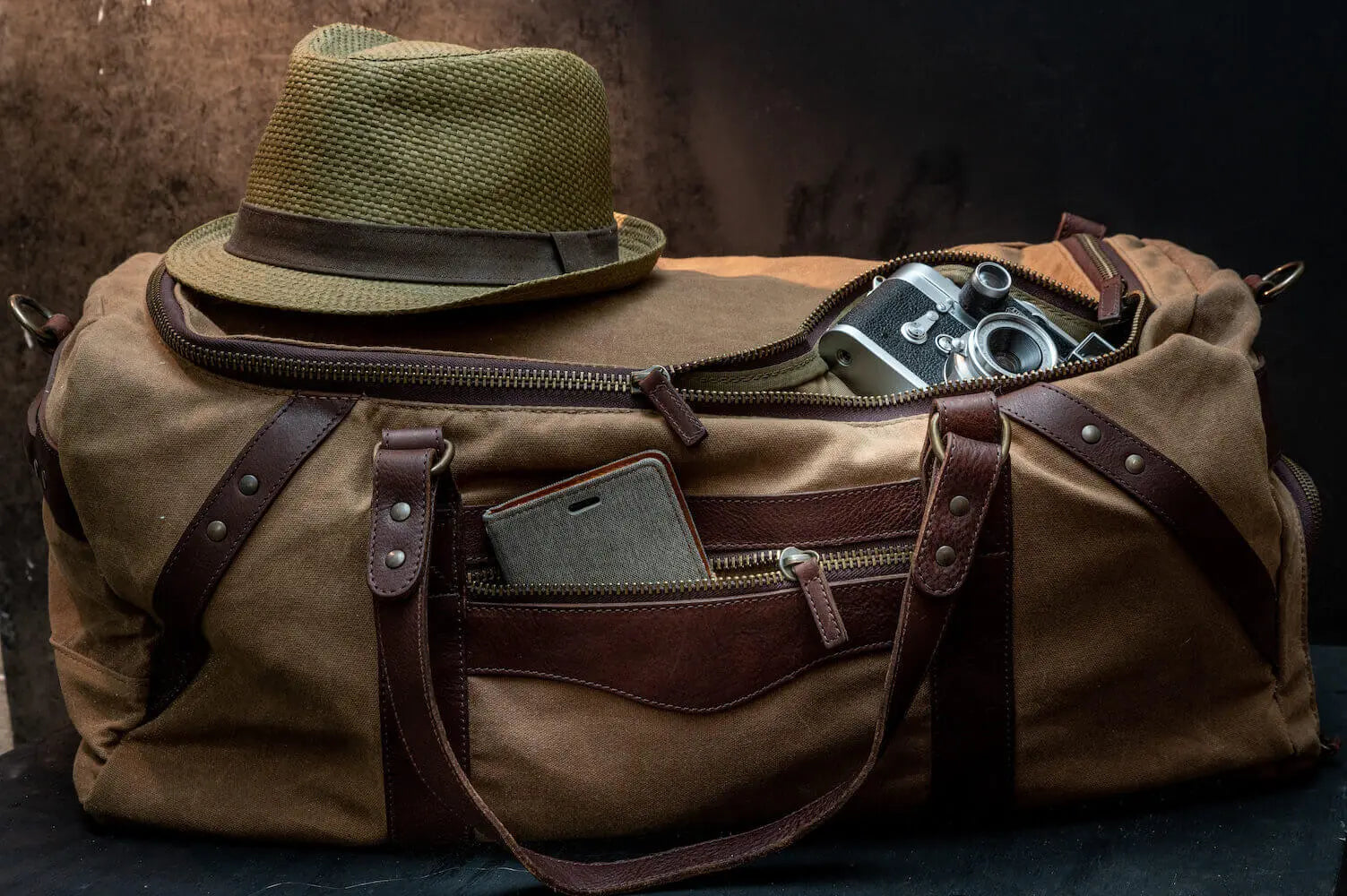 Campaign Waxed Canvas Large Duffle Bag by Mission Mercantile Leather Goods, handmade leather goods detail photo 2