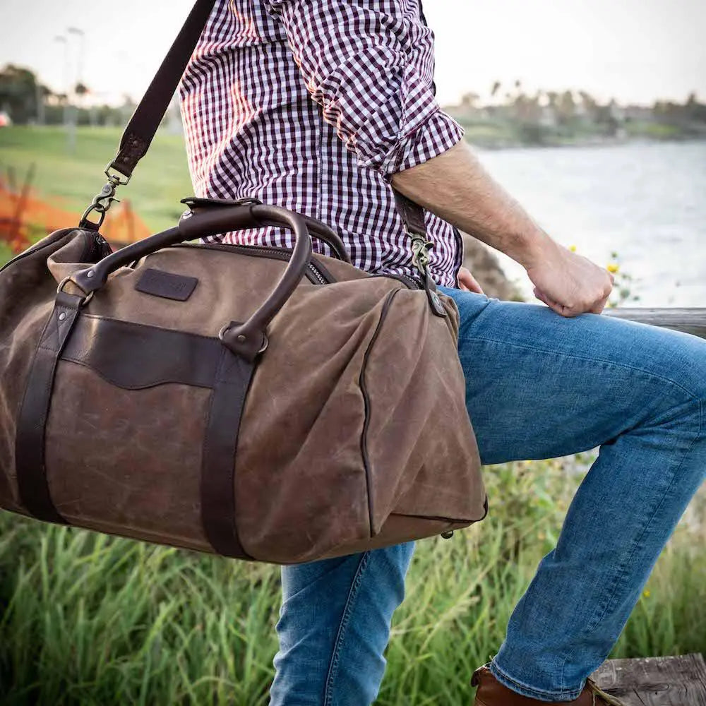 Campaign Waxed Canvas Large Field Duffle Bag by Mission Mercantile Leather Goods, handmade leather goods main product photo