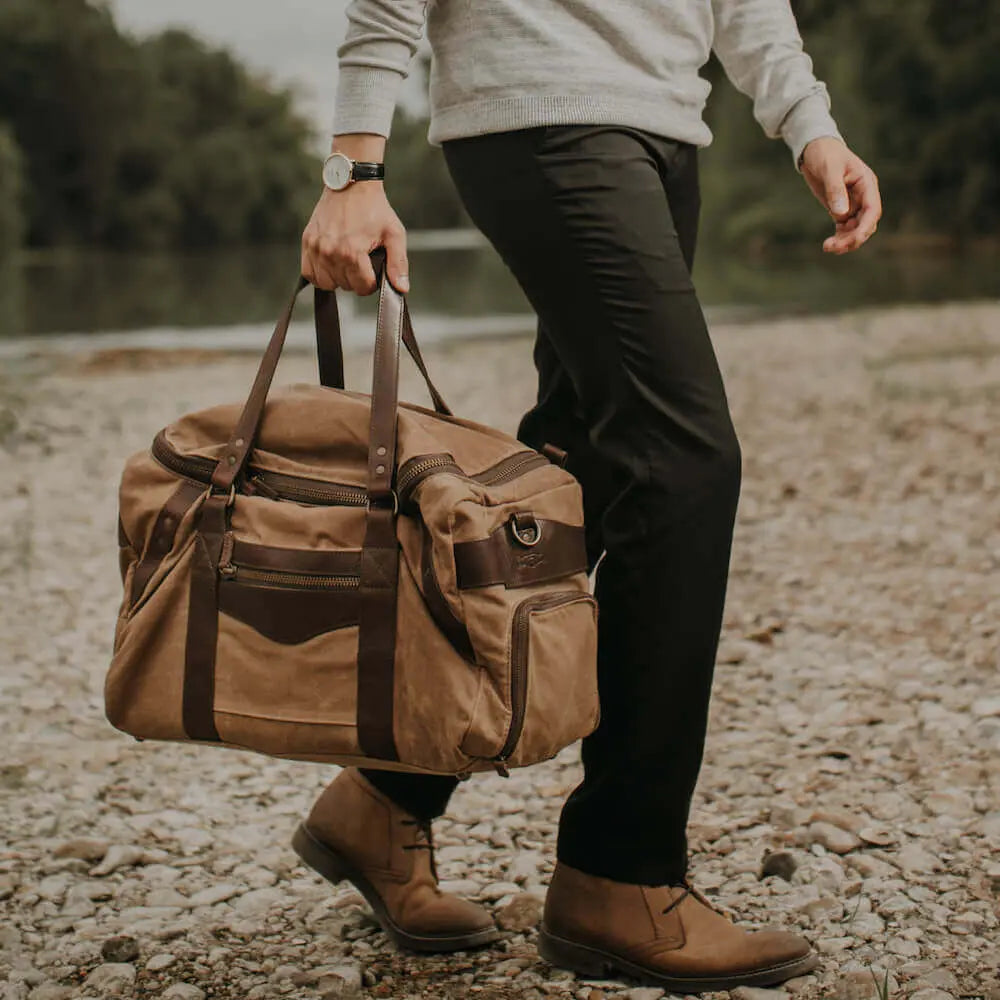 Campaign Waxed Canvas Medium Duffle Bag by Mission Mercantile Leather Goods, handmade leather goods main product photo