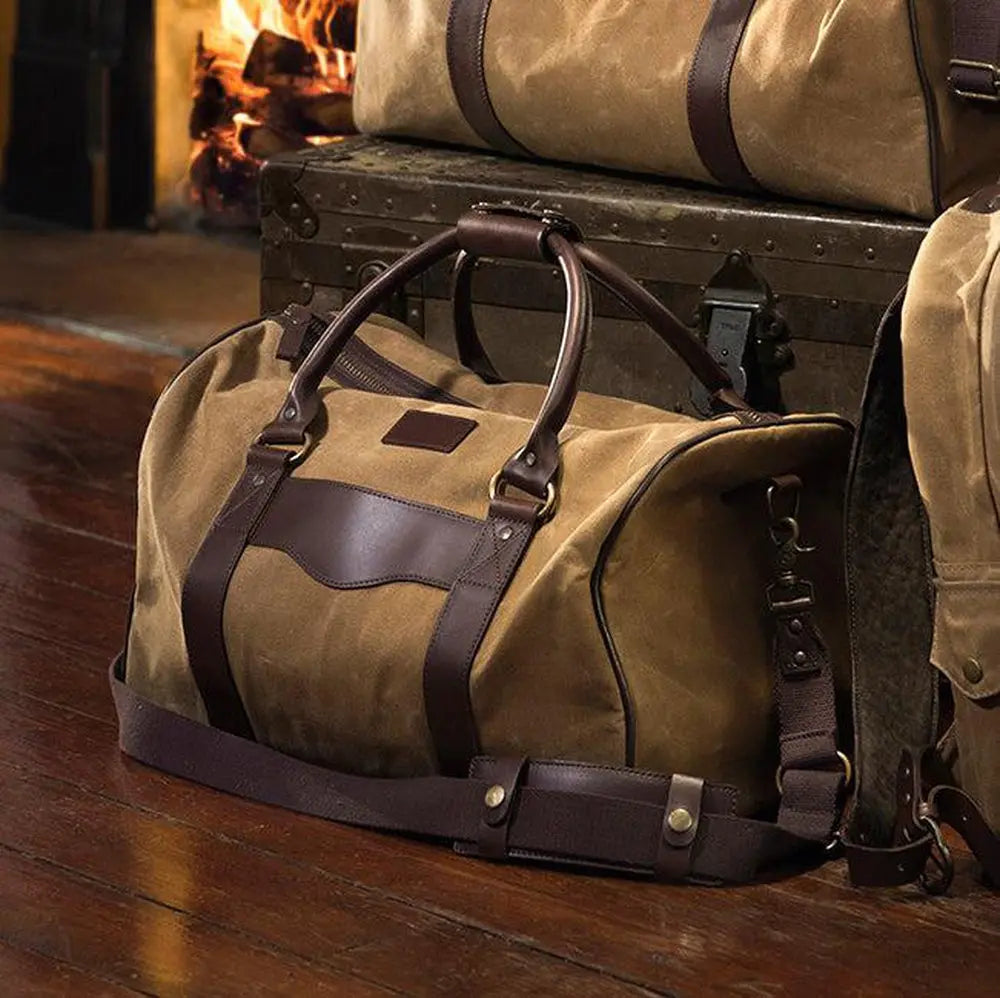Campaign Waxed Canvas Medium Field Duffle Bag by Mission Mercantile Leather Goods, handmade leather goods main product photo