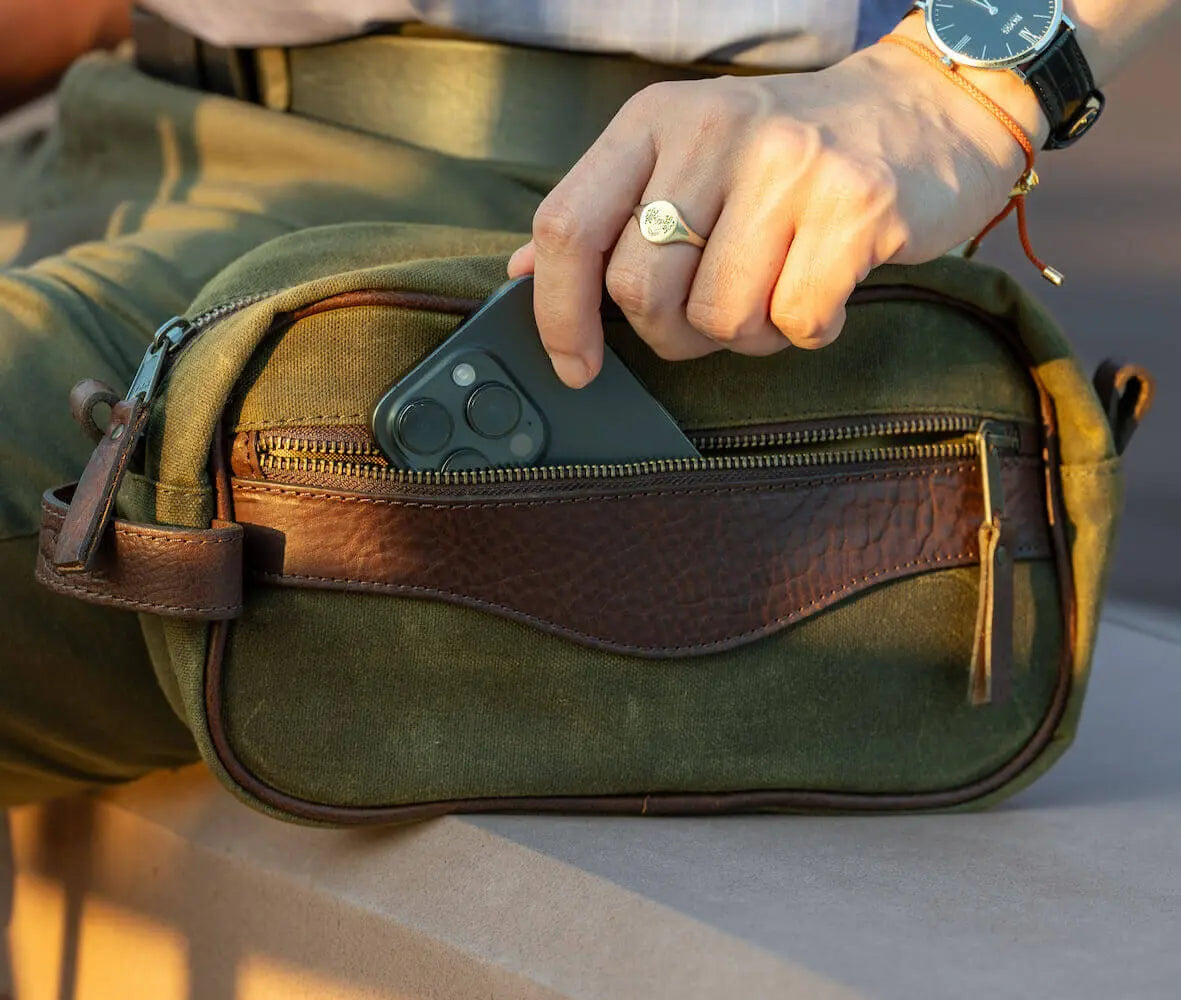 Campaign Waxed Canvas Toiletry Shave Kit by Mission Mercantile Leather Goods, natural skincare detail photo 2