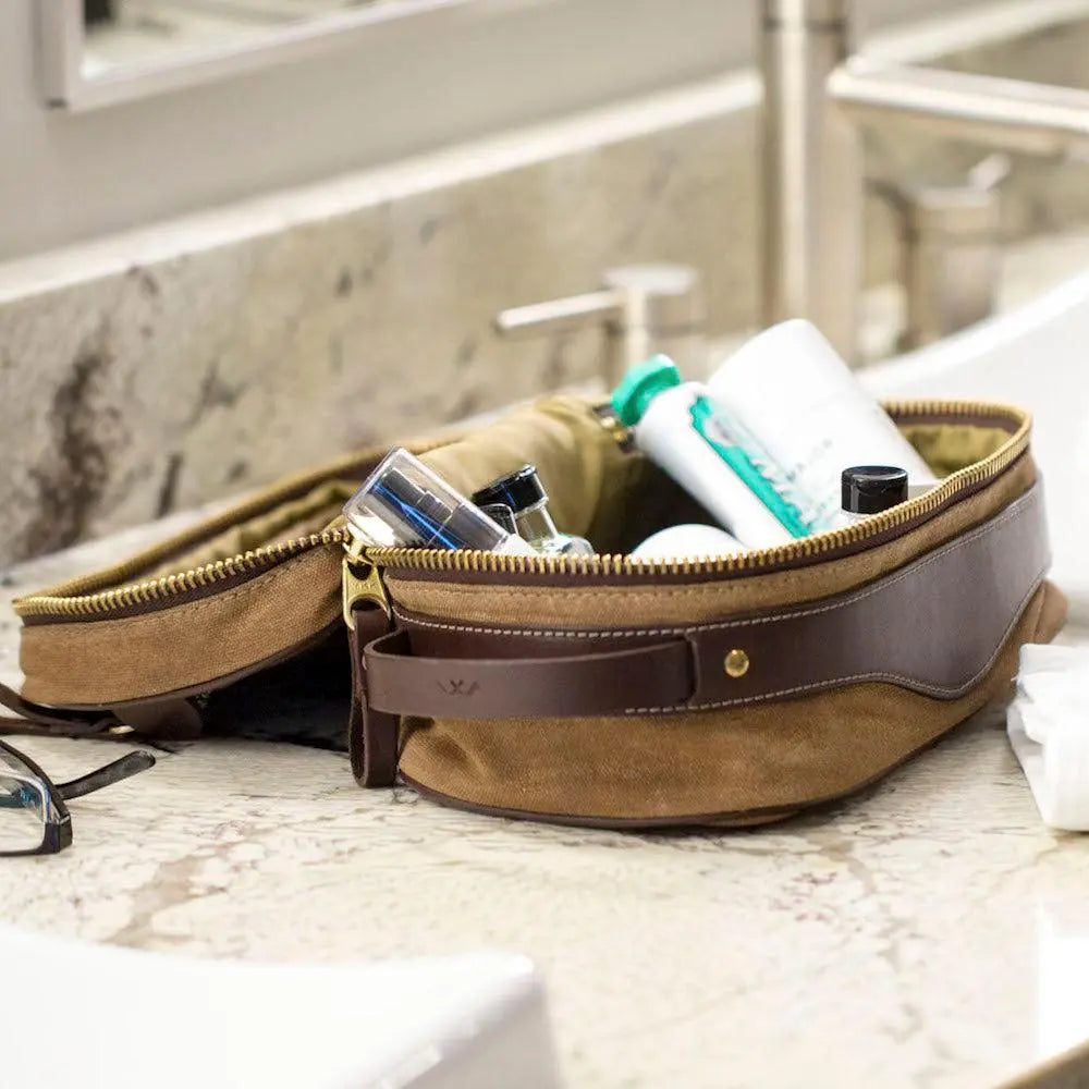 Campaign Waxed Canvas Toiletry Square Shave Kit by Mission Mercantile Leather Goods, natural skincare main product photo