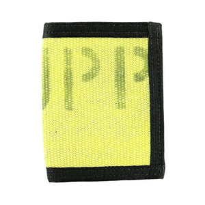 Yellow wallet with black trim and dark green vertical text