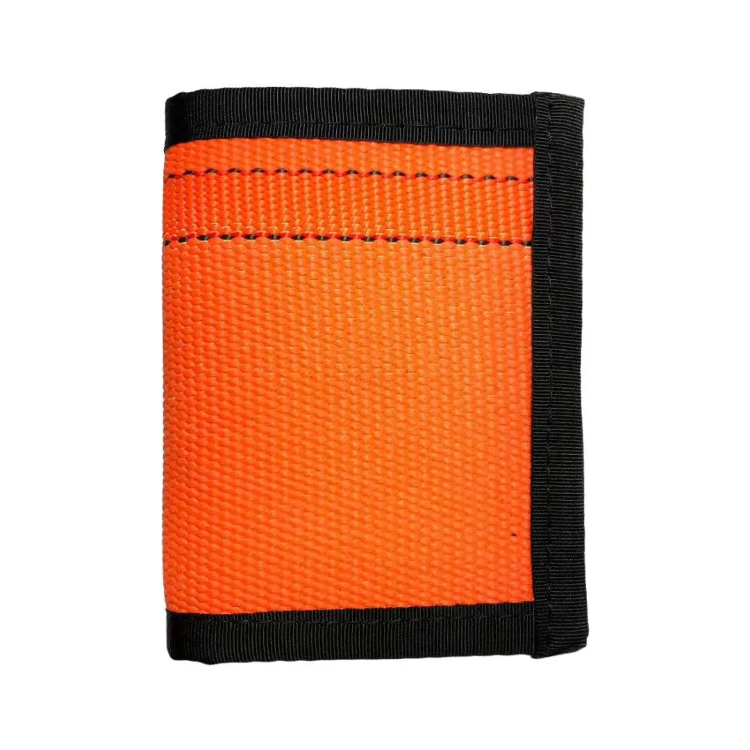 Orange fabric bifold wallet with black trim and stitching.