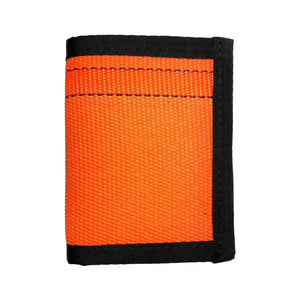 Orange fabric bifold wallet with black trim and stitching.