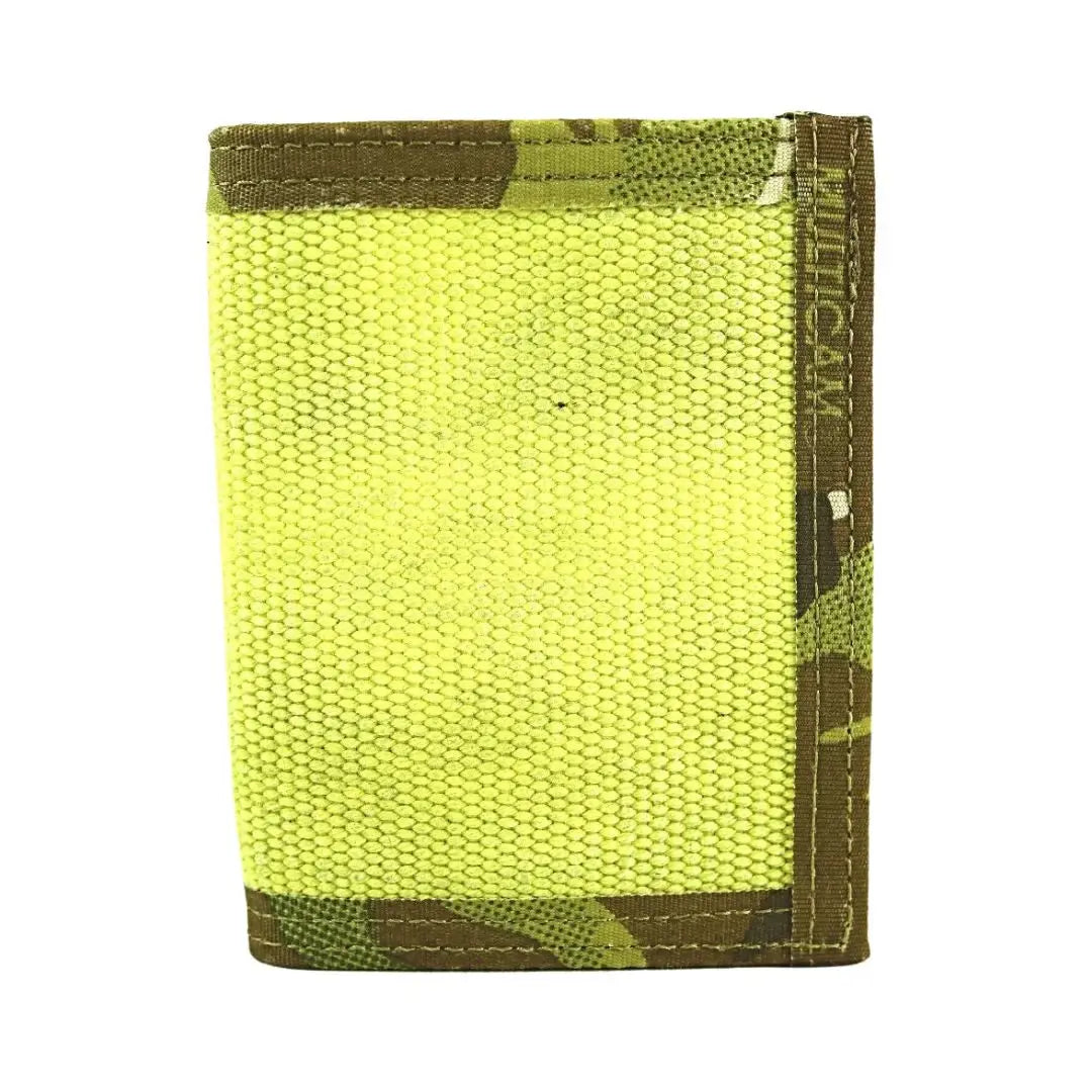 Camouflage wallet with neon yellow front and visible ID window.