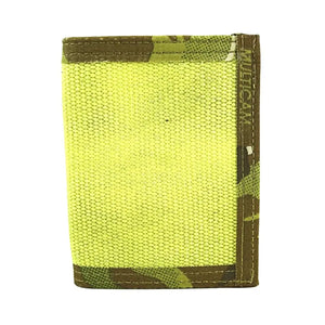 Camouflage wallet with neon yellow front and visible ID window.