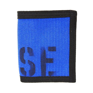 Blue wallet made of fire hose material with black trim and 'SE' lettering.