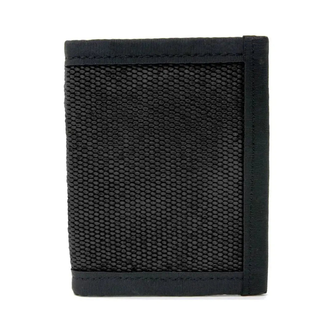 Black bifold wallet made from textured fire hose material with black binding.