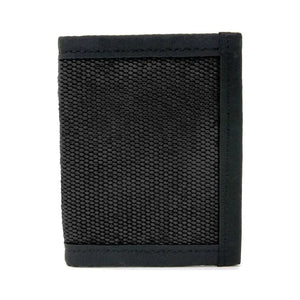 Black bifold wallet made from textured fire hose material with black binding.