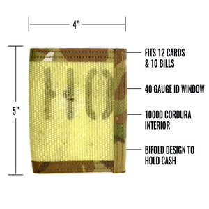 Camouflage fire hose bifold wallet with 40-gauge ID window and size labels.