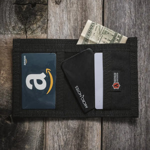 Black fire hose wallet with Amazon gift card, currency, and cards