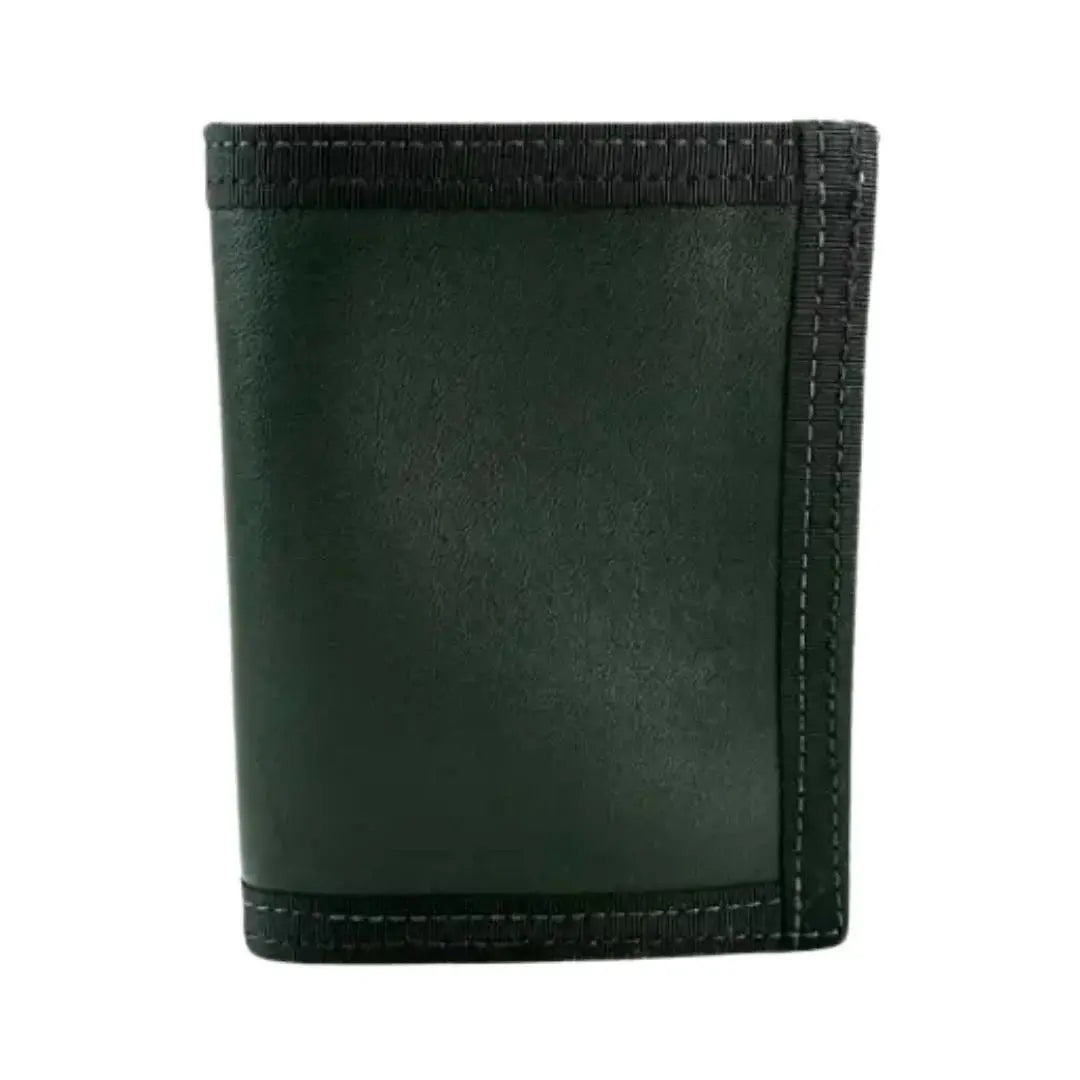 Dark green bifold wallet with black binding and visible stitching.