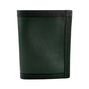 Dark green bifold wallet with black binding and visible stitching.