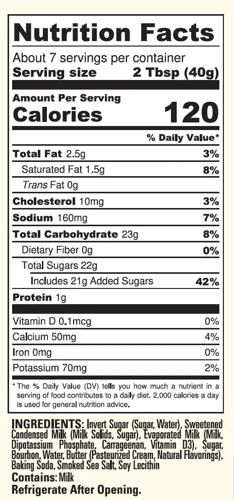 Nutrition facts label for Bourbon Smoked Sea Salt & Bourbon Caramel Sauce, showing serving size and ingredients.