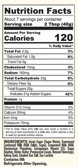 Nutrition facts label for Bourbon Smoked Sea Salt & Bourbon Caramel Sauce, showing serving size and ingredients.