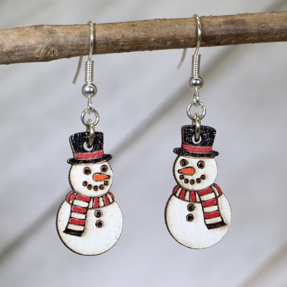 Carrot Nose Snowman Wooden Dangle Earrings | Christmas Jewelry by Cate's Concepts, LLC, handmade jewelry main product photo