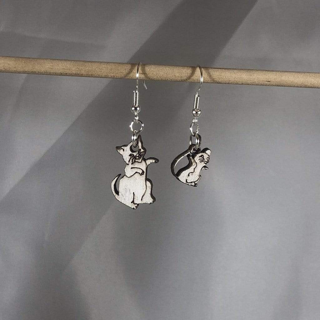 Cat and Mouse Wooden Dangle Earrings | Mismatched Animal Jewelry by Cate's Concepts, LLC, handmade jewelry main product photo