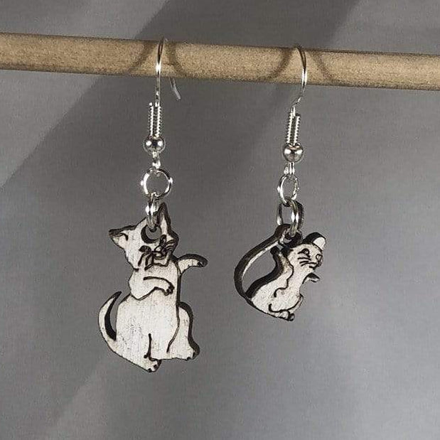Cat and Mouse Wooden Dangle Earrings | Mismatched Animal Jewelry
