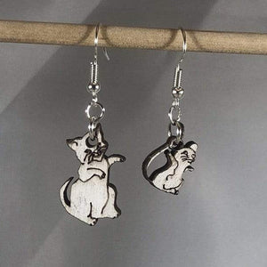 Cat and Mouse Wooden Dangle Earrings | Mismatched Animal Jewelry