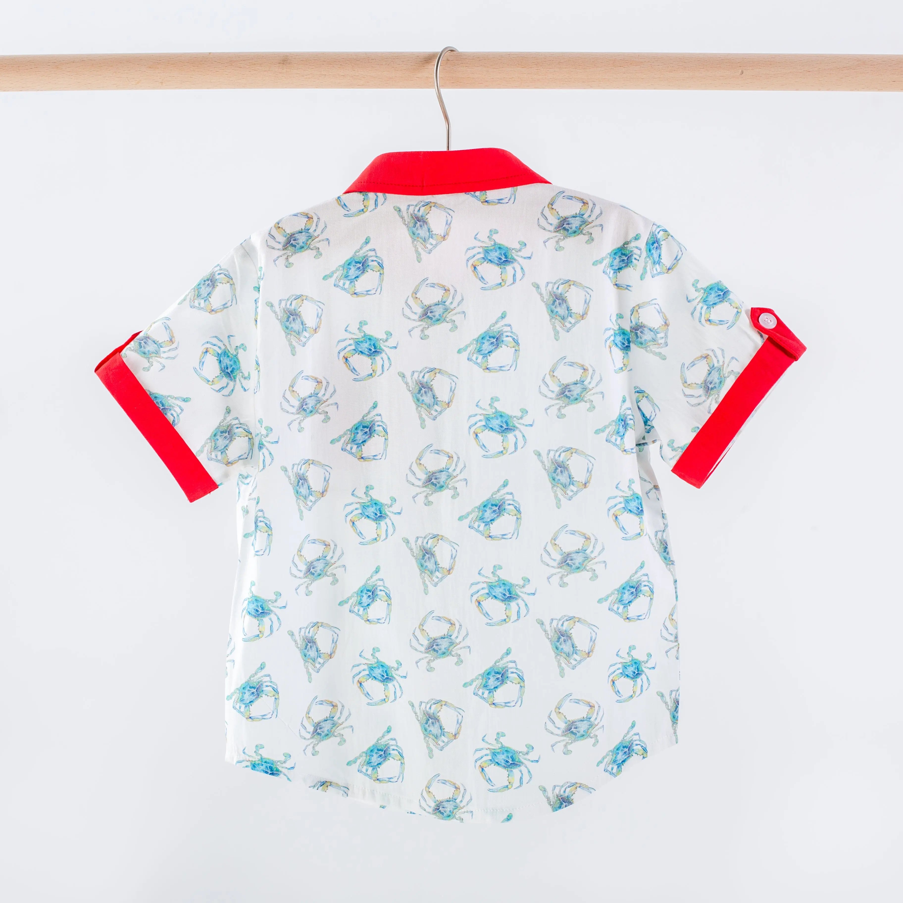 Catching Crabs Kid's Short Sleeve Collared Shirt by Nola Tawk, Southern lifestyle apparel detail photo 2