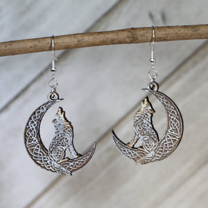 Celtic Wolf Moon Wooden Dangle Earrings | Norse Mythology Jewelry
