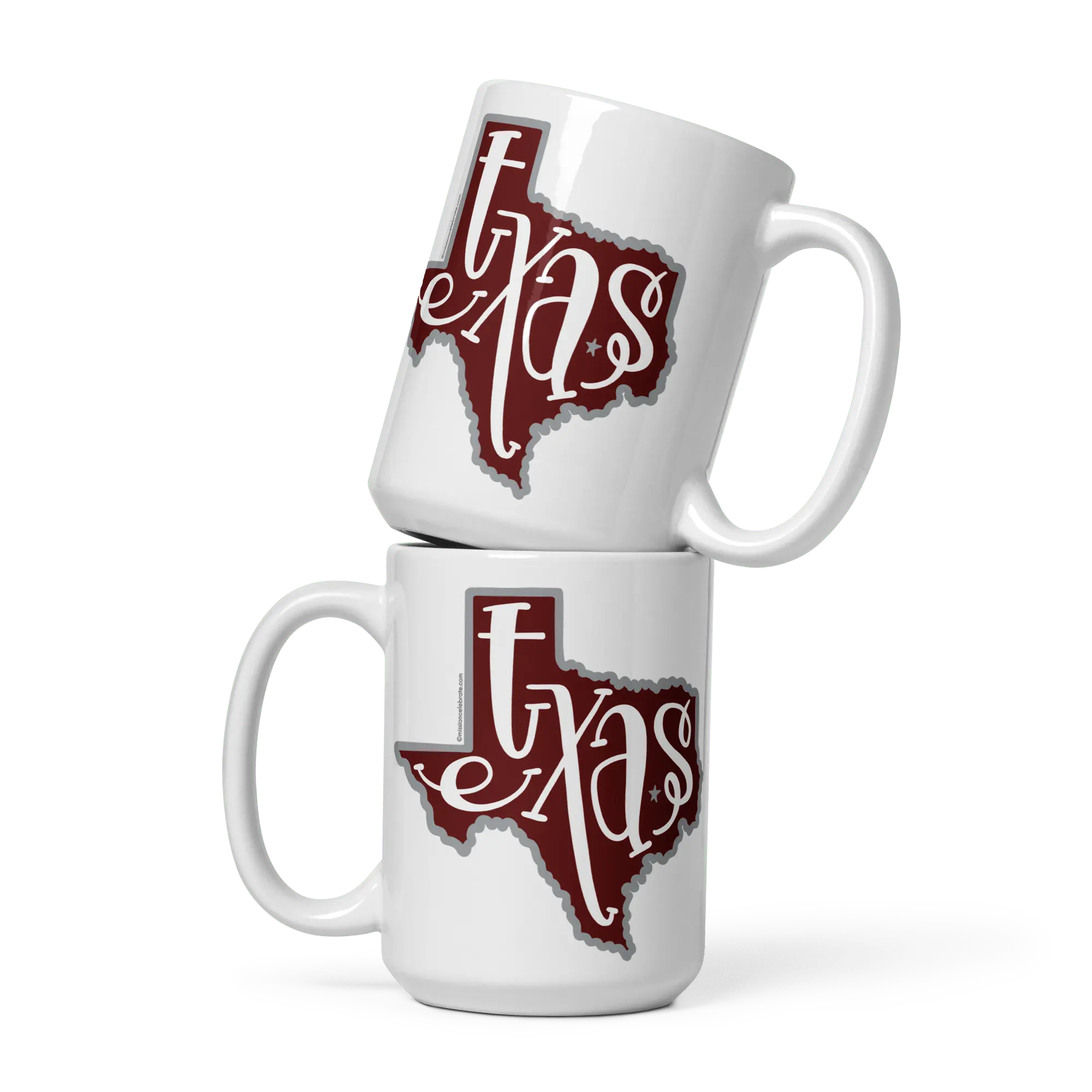 Texas Mug: Ceramic coffee mug with maroon & gray Texas state design, bouncy letters.
