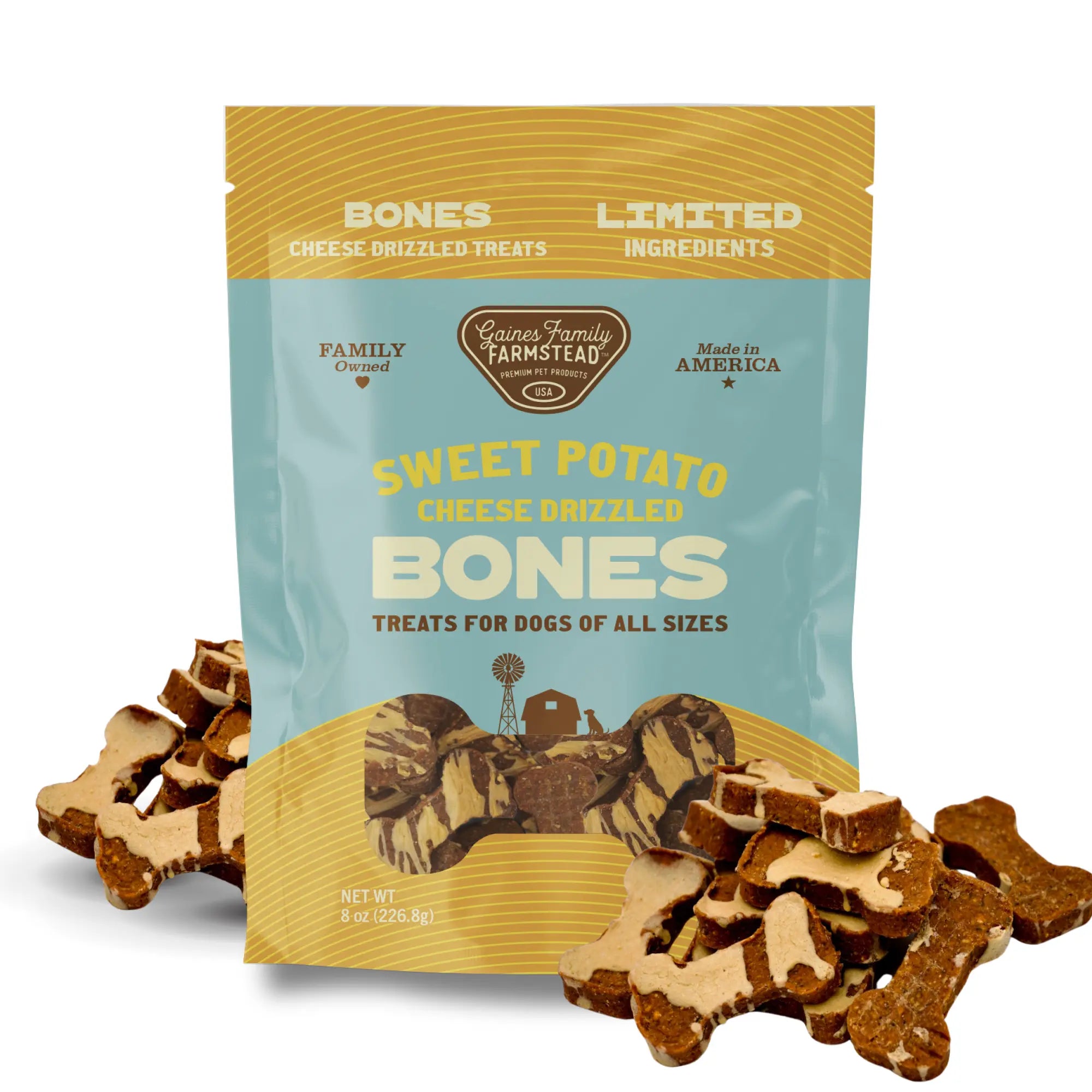 Cheese Drizzled Sweet Potato Bones natural dog treats by Gaines Family Farmstead