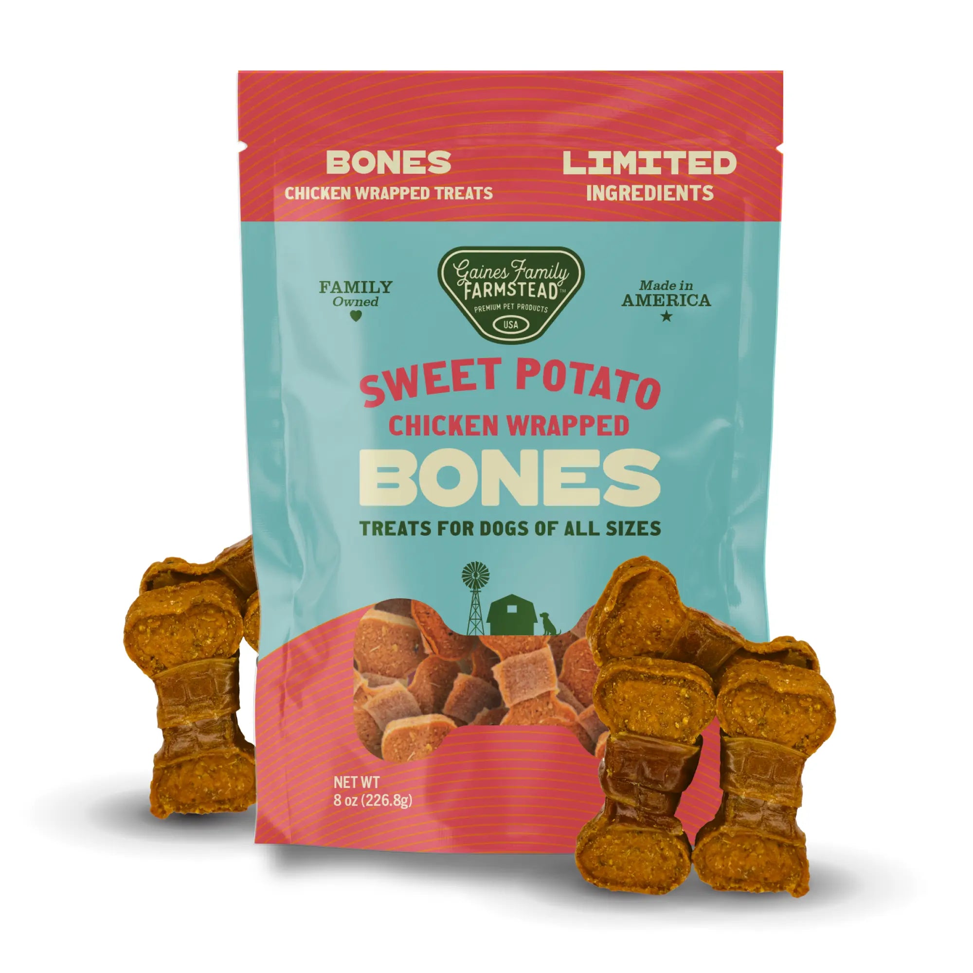 Chicken Wrapped Sweet Potato Bones natural dog treats by Gaines Family Farmstead