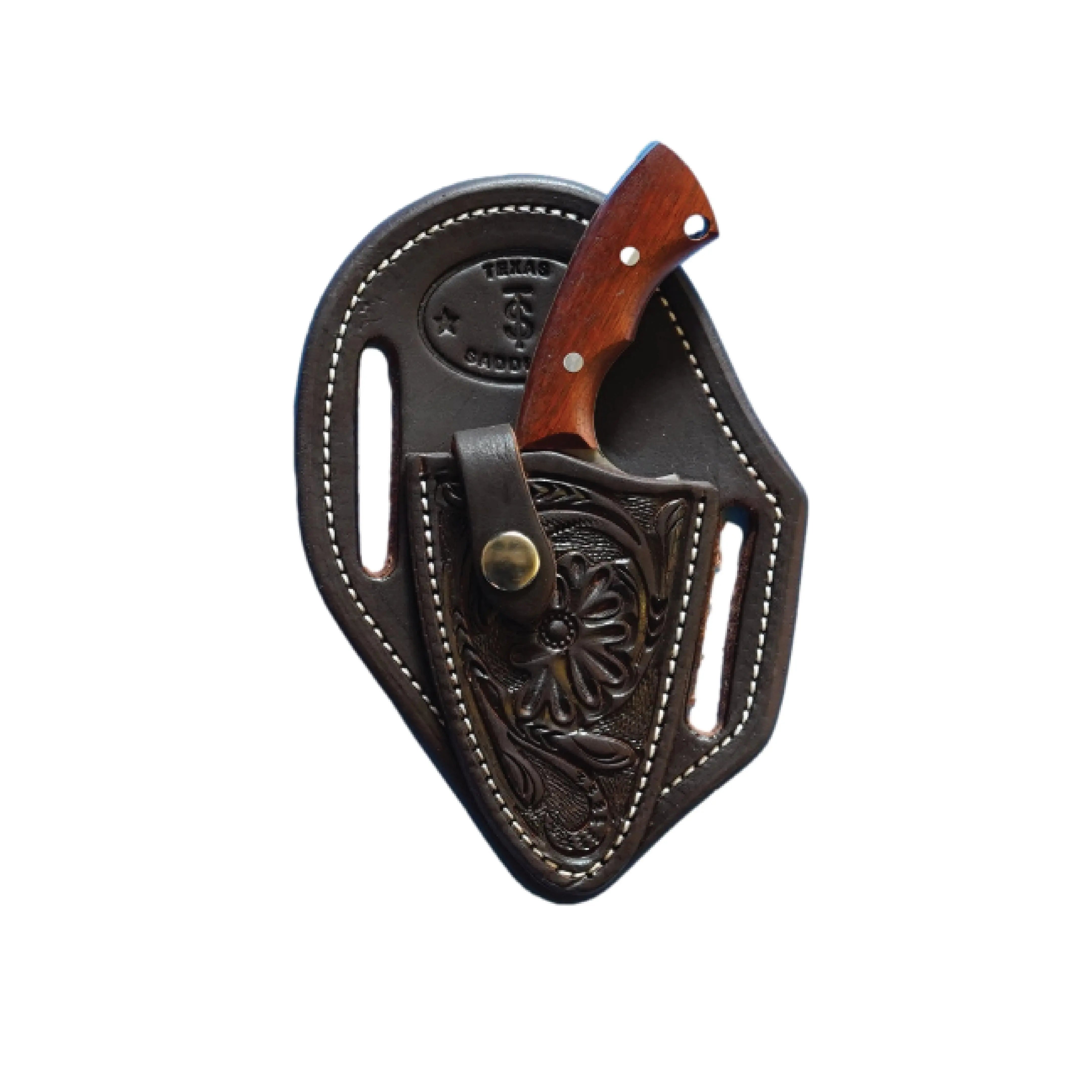 Chocolate Floral Knife Sheath with Knife by Texas Saddlery, leather knife sheath main product photo