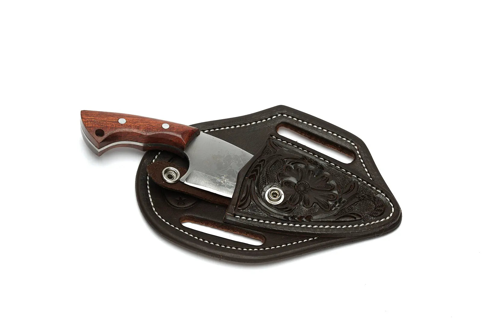 Chocolate Floral Knife Sheath with Knife by Texas Saddlery, leather knife sheath detail photo 2