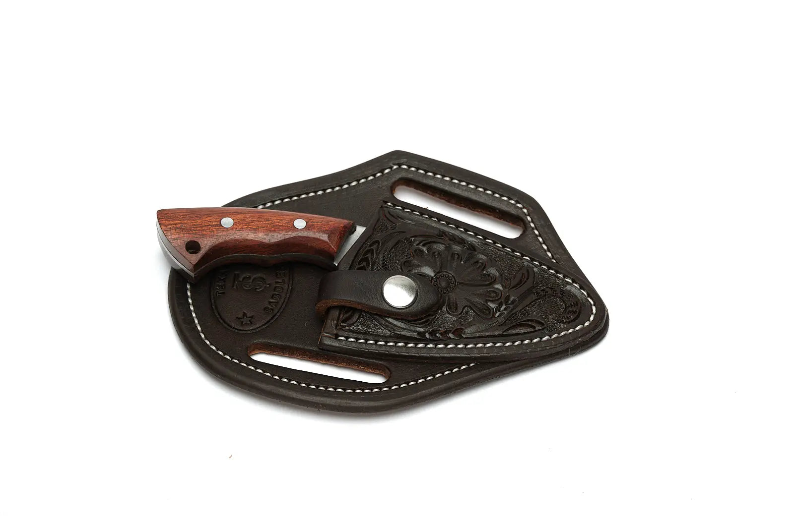 Chocolate Floral Knife Sheath with Knife by Texas Saddlery, leather knife sheath detail photo 3