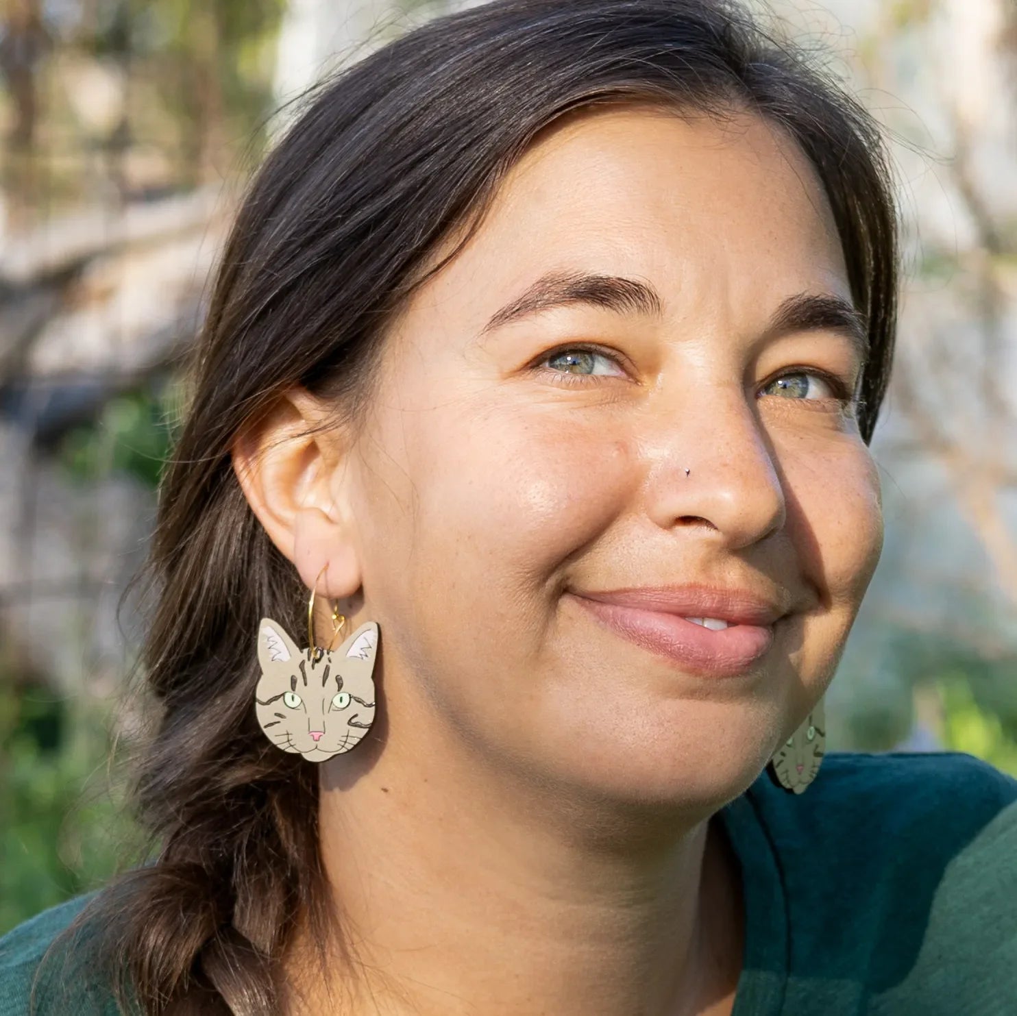 Additional view of Grey Tabby Cat Hoop Earrings hand painted on lightweight wood by LE CHIC MIAMI