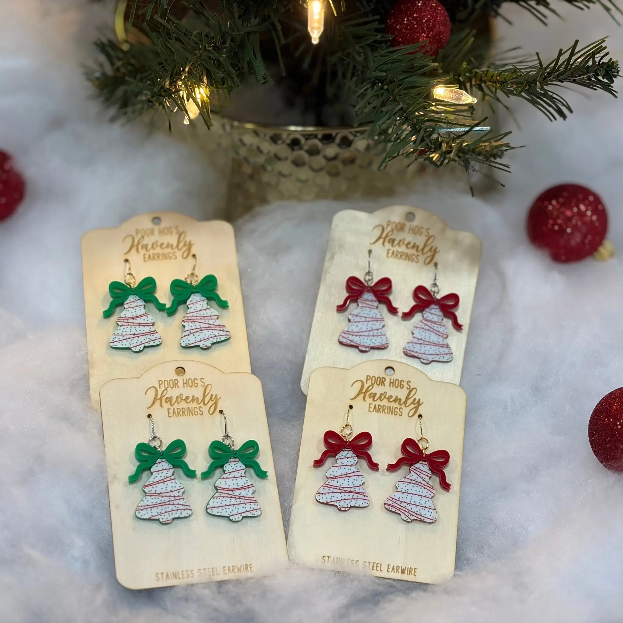 Christmas Tree Cake Earrings: Handmade Holiday Jewelry by Poor Hog's Havenly Earrings, Red & Green Bows, Festive Christmas Accessories