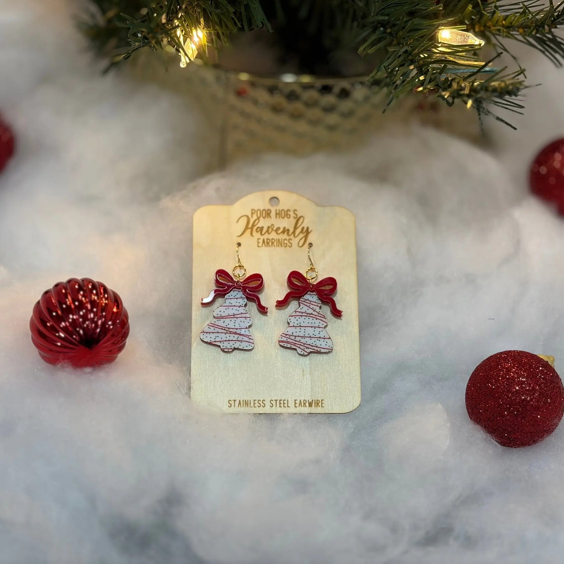 Christmas Tree Cake Earrings with Red or Green Bows by Poor Hog Customs, handmade jewelry detail photo 5