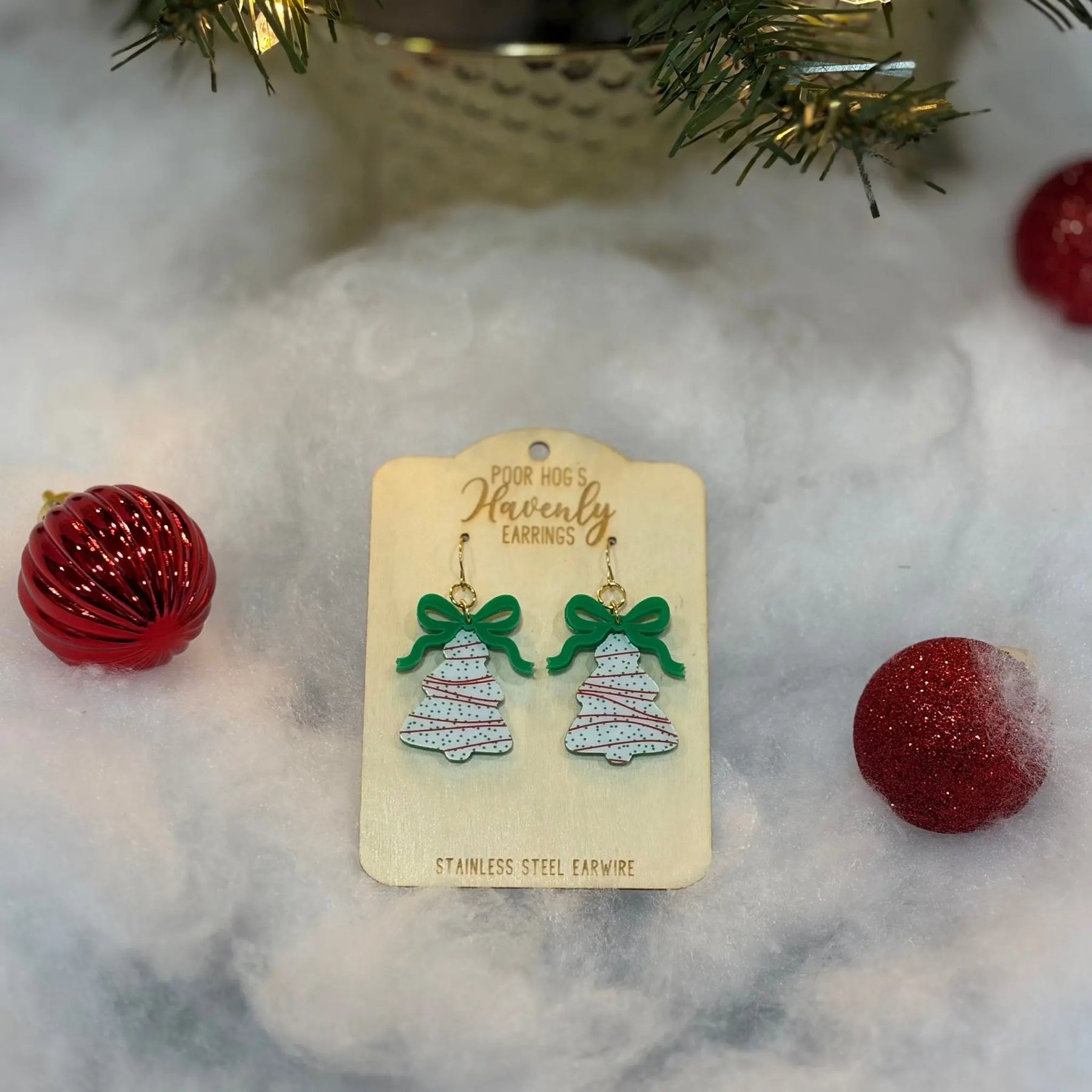 Christmas Tree Cake Earrings with Red or Green Bows by Poor Hog Customs, handmade jewelry detail photo 7