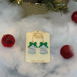 Christmas Tree Cake Earrings with Red or Green Bows by Poor Hog Customs, handmade jewelry detail photo 7