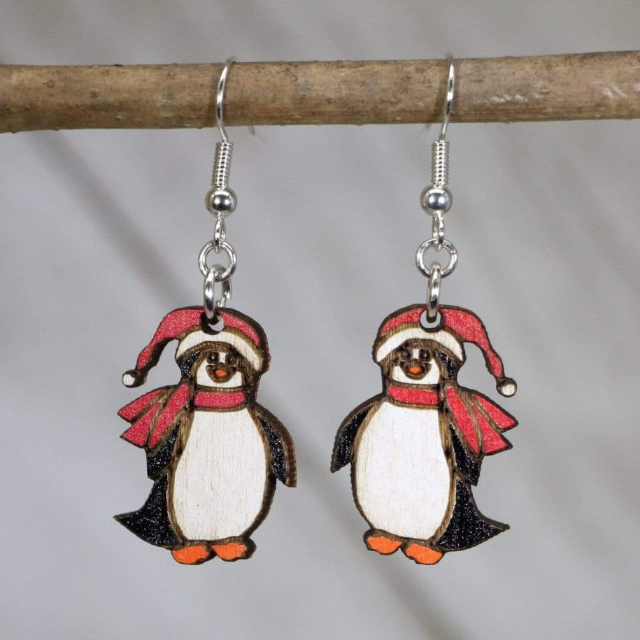 Christmas Penguin Wooden Dangle Earrings | Holiday Animal Jewelry by Cate's Concepts, LLC, handmade jewelry main product photo