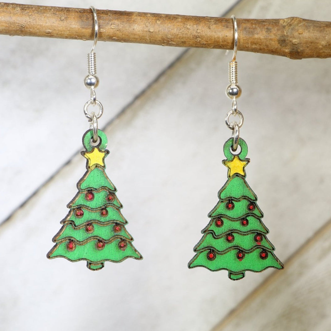 Christmas Tree Wooden Dangle Earrings | Holiday Jewelry by Cate's Concepts, LLC, handmade jewelry main product photo