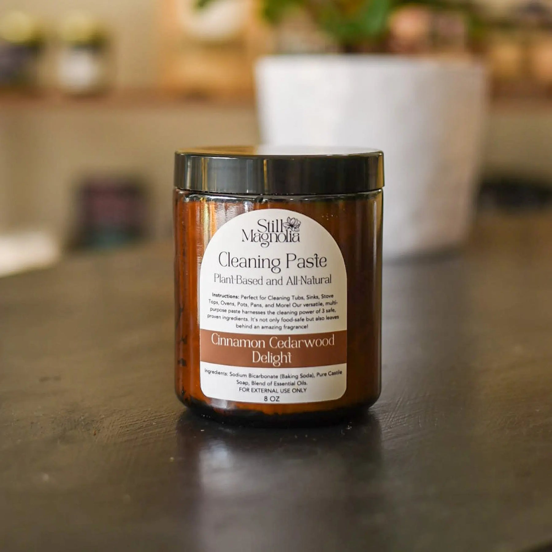Still Magnolia Cleaning Paste in Cinnamon Cedarwood Delight scent, 8 oz jar.