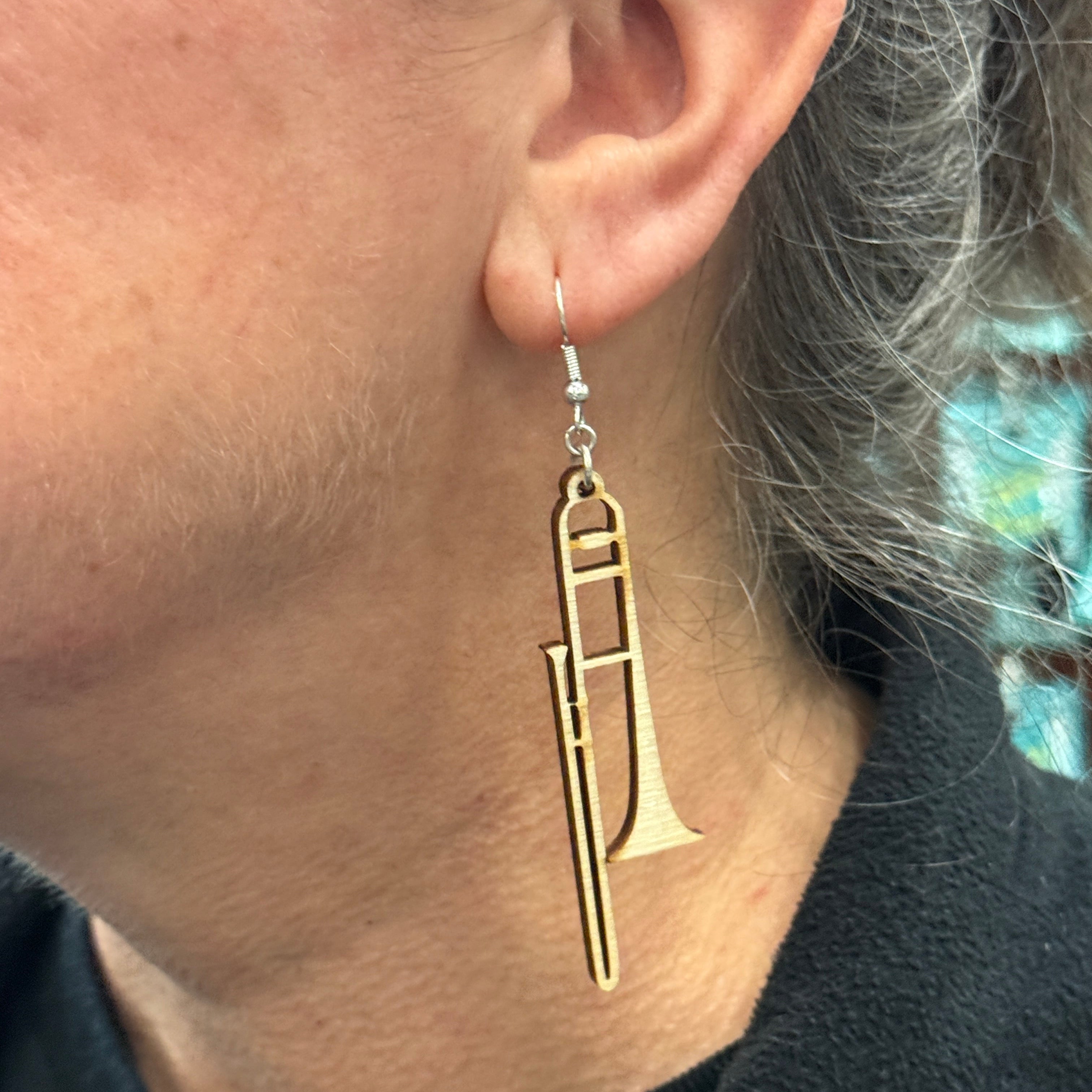 Trombone Wooden Dangle Earrings | Band Instrument Jewelry