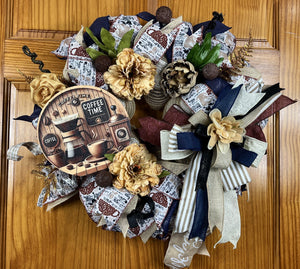Coffee Lover's Wreath | Handmade Coffee Time Front Door Wreath | Farmhouse Kitchen Decor | Coffee Bar Wreath | Rustic Coffee House Door Decor